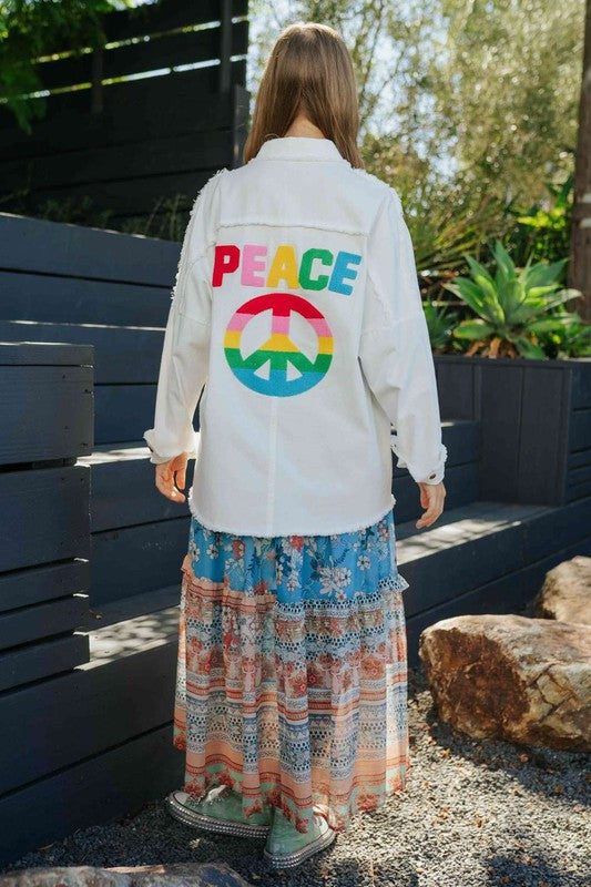 Davi & Dani - Multi Color Lettering Peace Symbol Button Up Shacket