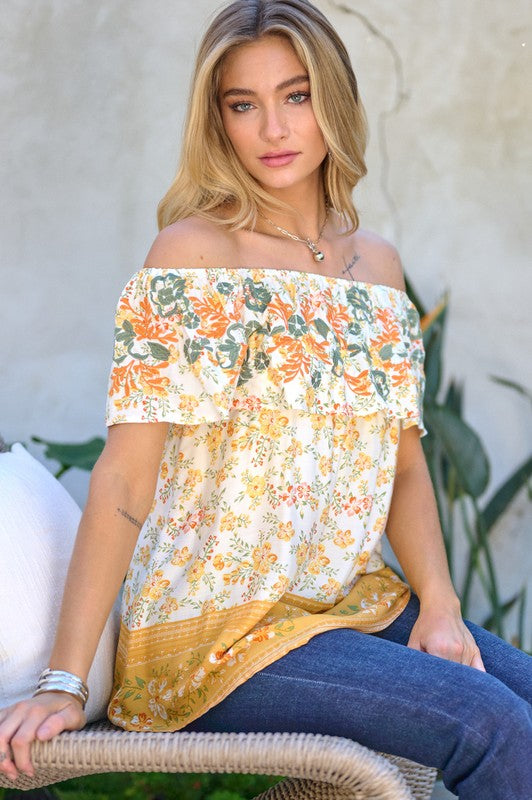 Davi & Dani - Printed Off Shoulder Smocked Top