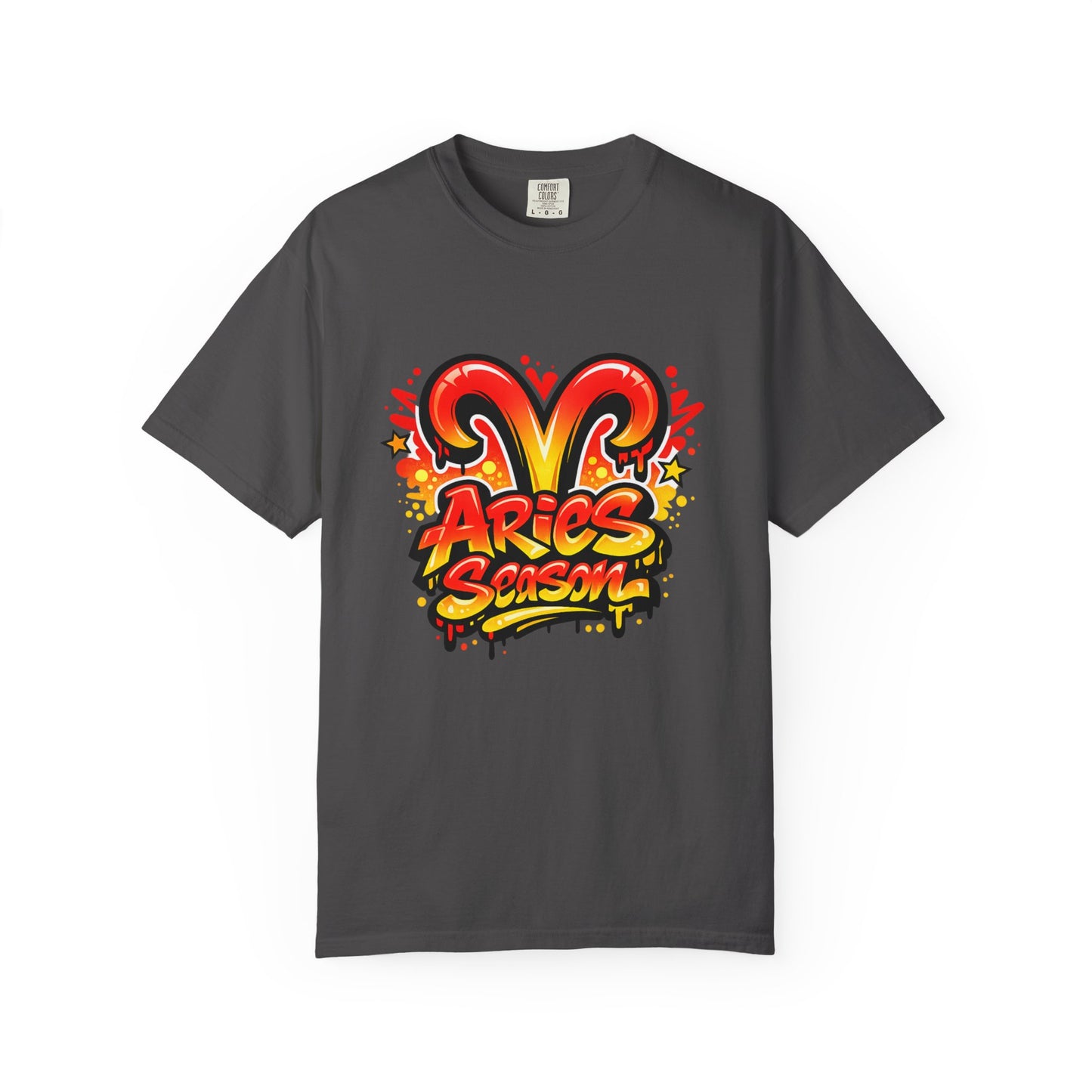 Aries Season Graphic Tee (Comfort Colors)- Bold Zodiac Astrology T-Shirt, Red & Yellow Aries Ram Design, Trendy Horoscope Shirt, Fire Sign Fashion - Size: S-4XL