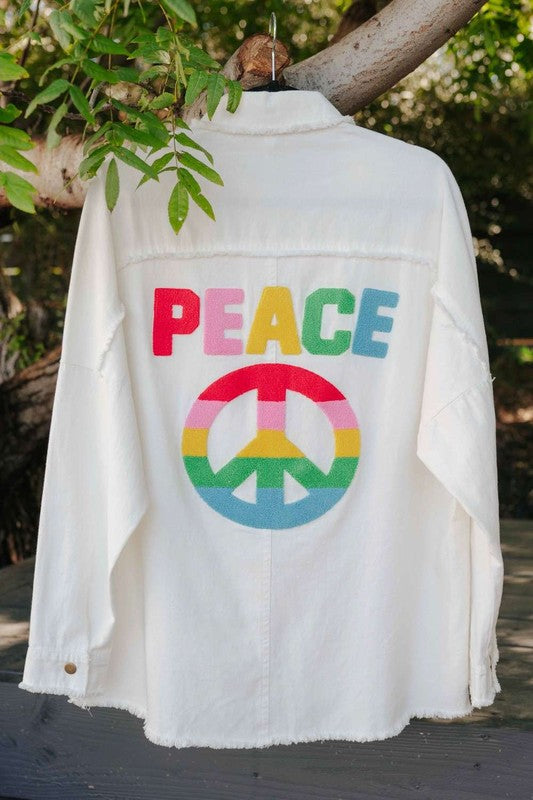 Davi & Dani - Multi Color Lettering Peace Symbol Button Up Shacket