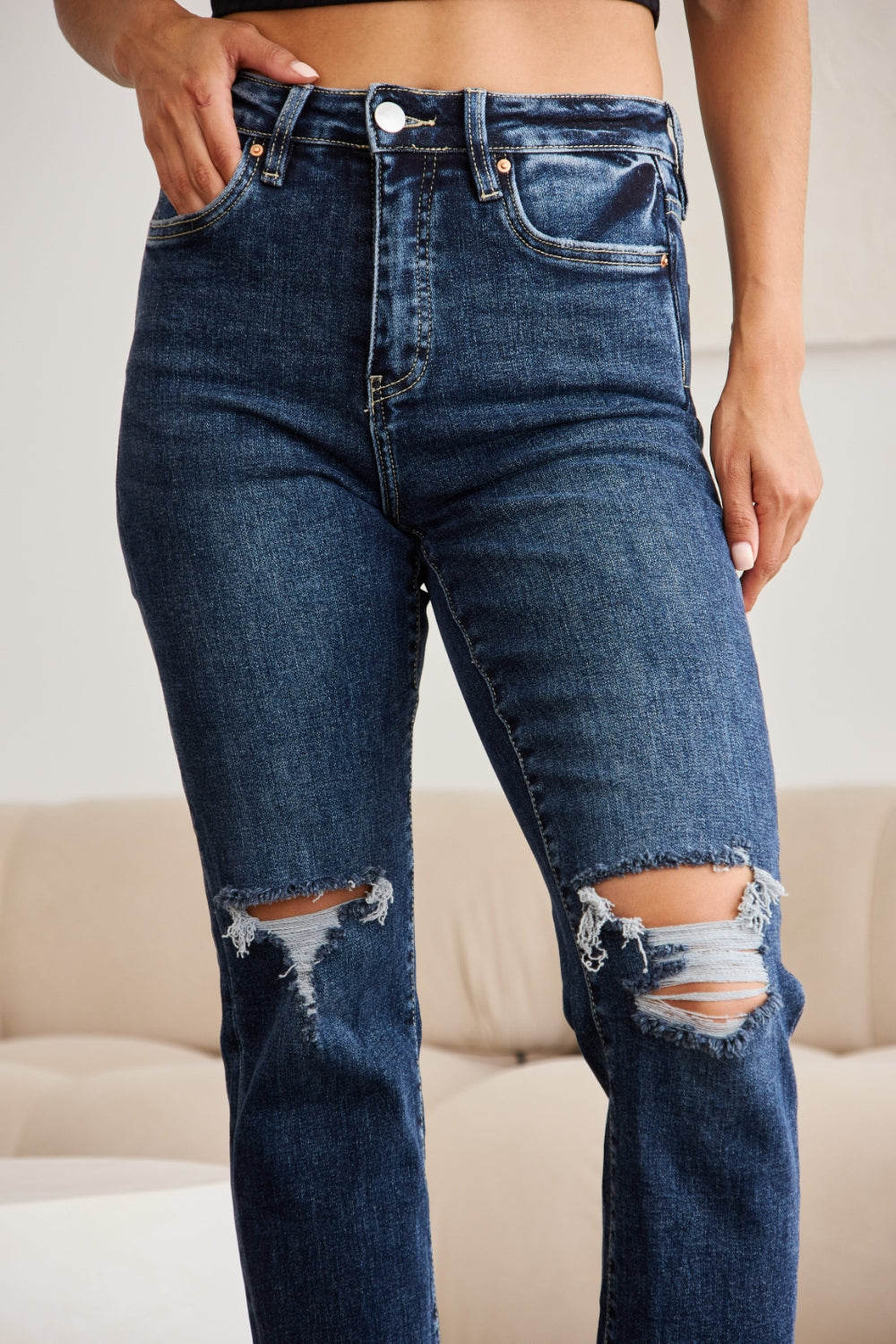 RFM - Crop Dylan Tummy Control Distressed High Waist Raw Hem Jeans - Size: 23-32 & 16W-24W