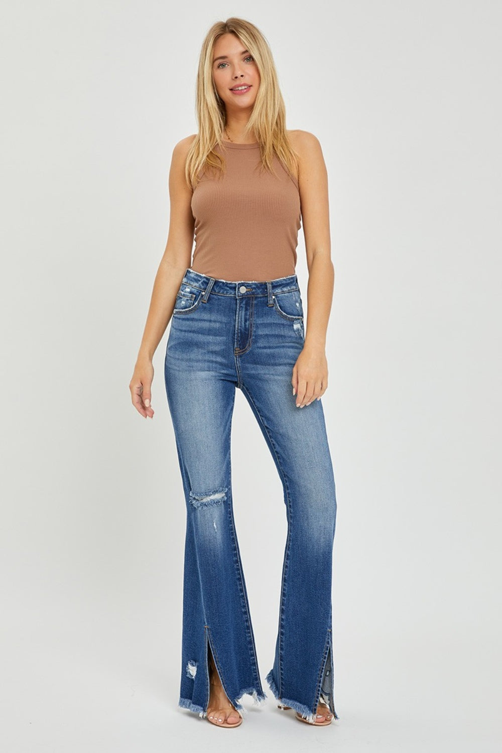 RISEN - High Rise Front Slit Frayed Hem Flare Jeans - Size: 0-3XL