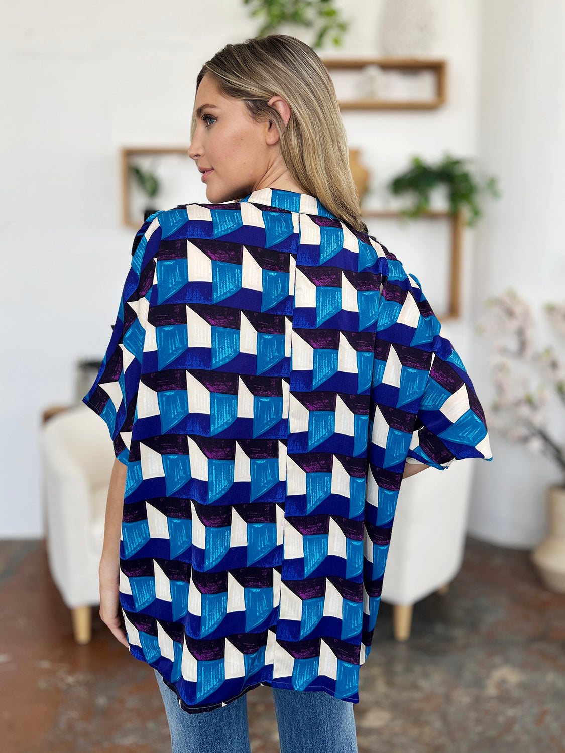 Double Take - Geometric Notched Half Sleeve Blouse - S-3XL