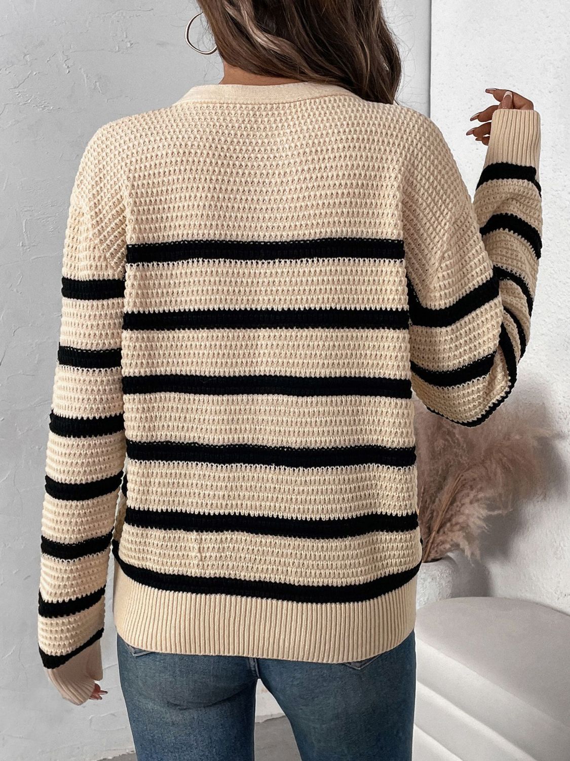 Perfee - Striped Half Button Long Sleeve Sweater