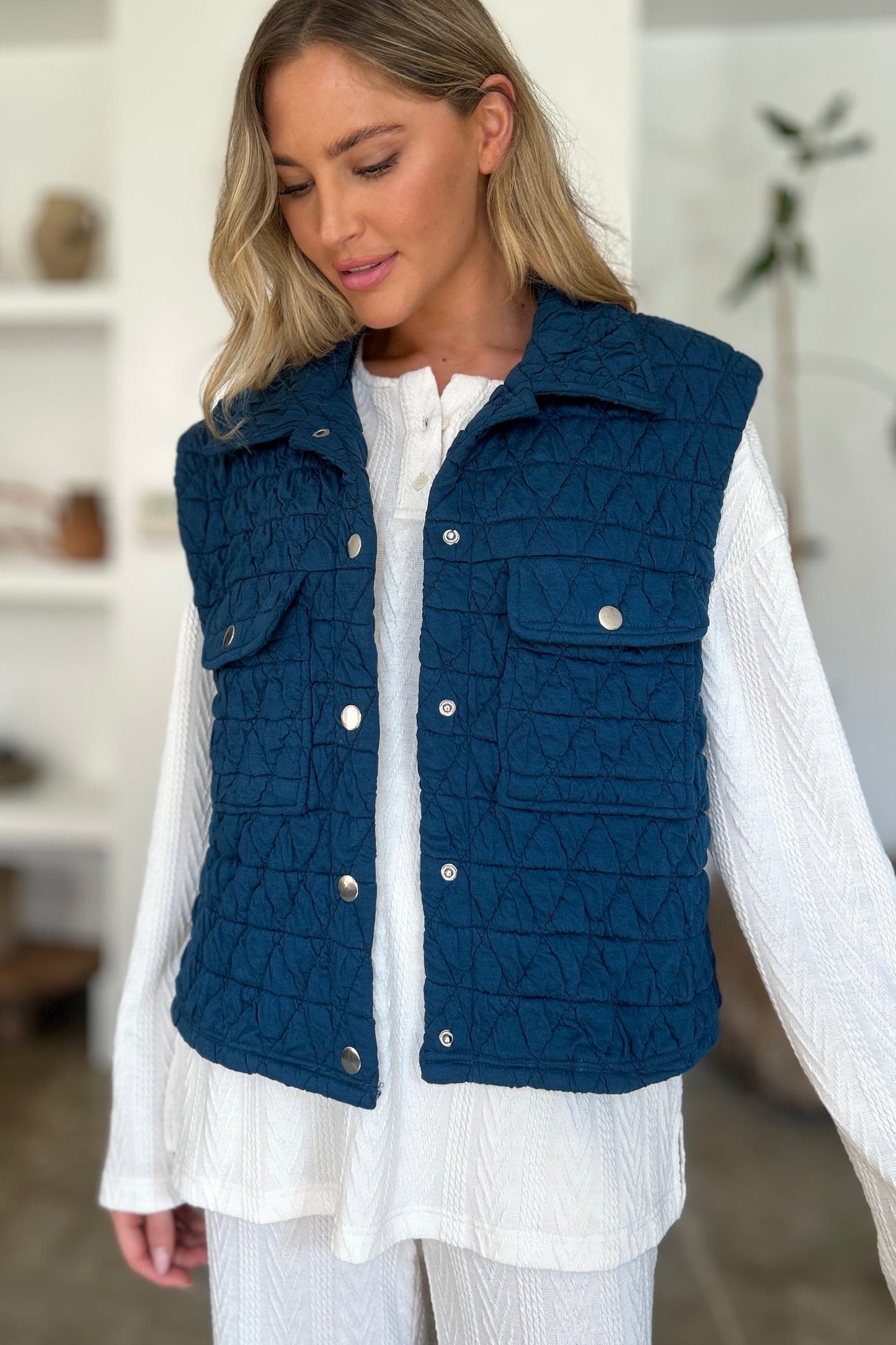 Double Take - Pocketed Texture Snap Down Vest Coat - Size: S-3XL