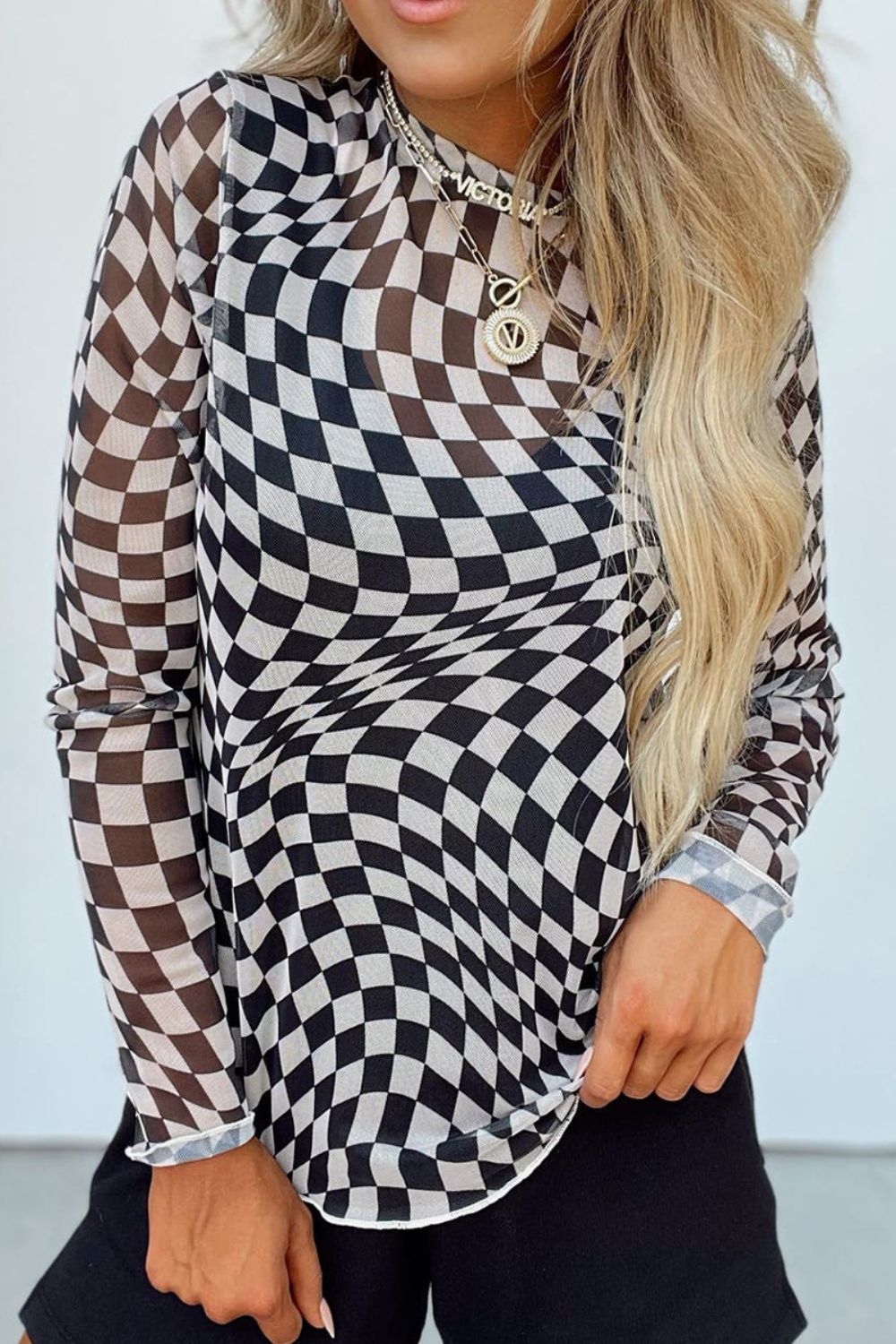 Checkered Mock Neck Long Sleeve Sheer Blouse - Size: S-XL