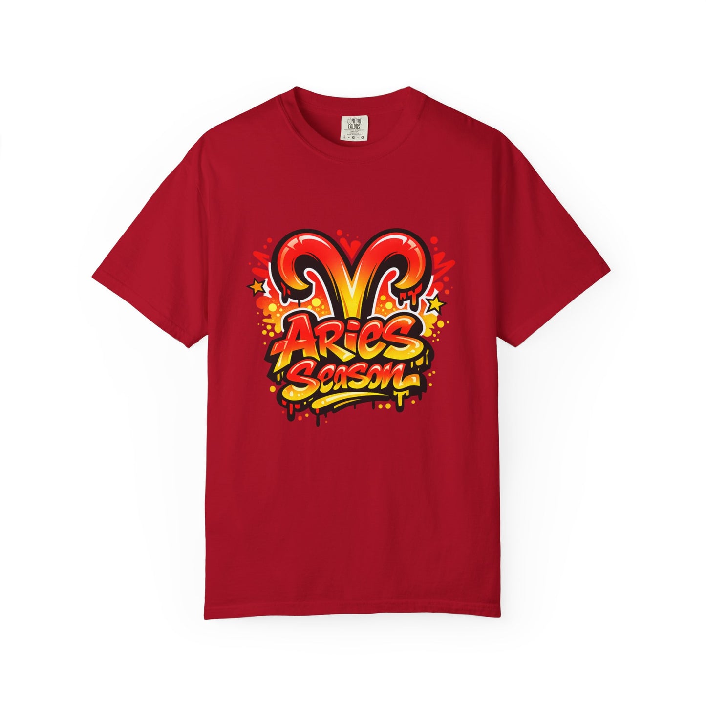 Aries Season Graphic Tee (Comfort Colors)- Bold Zodiac Astrology T-Shirt, Red & Yellow Aries Ram Design, Trendy Horoscope Shirt, Fire Sign Fashion - Size: S-4XL