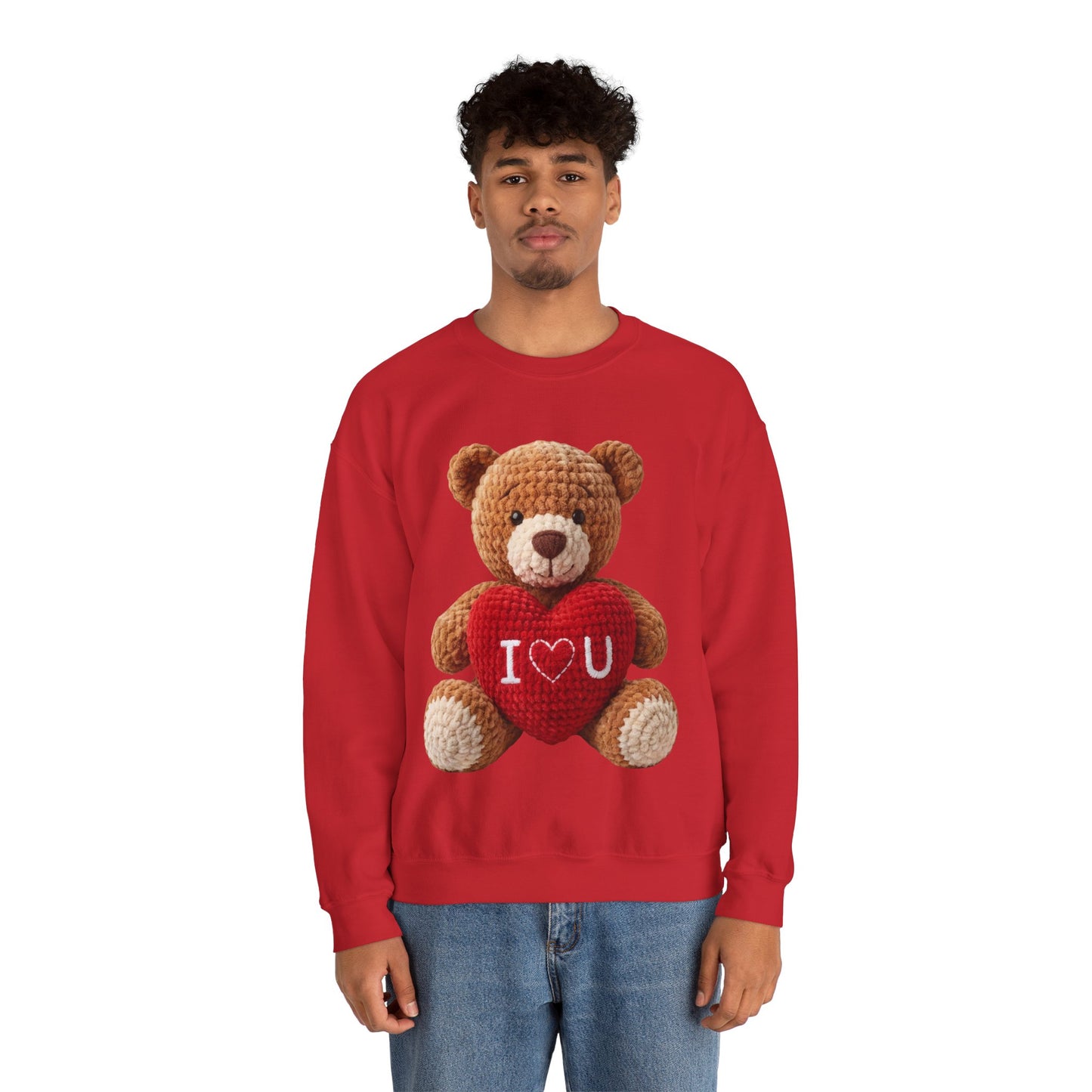Valentine Faux Crochet I ❤️ U Teddy Bear Graphic Crewneck Sweatshirt (Gildan) - Size: S-3XL - Valentine's Day Shirt