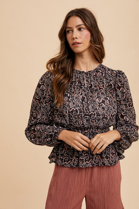 Annie Wear - Abstract Print Balloon Sleeve Peplum Blouse - Size: S-XL