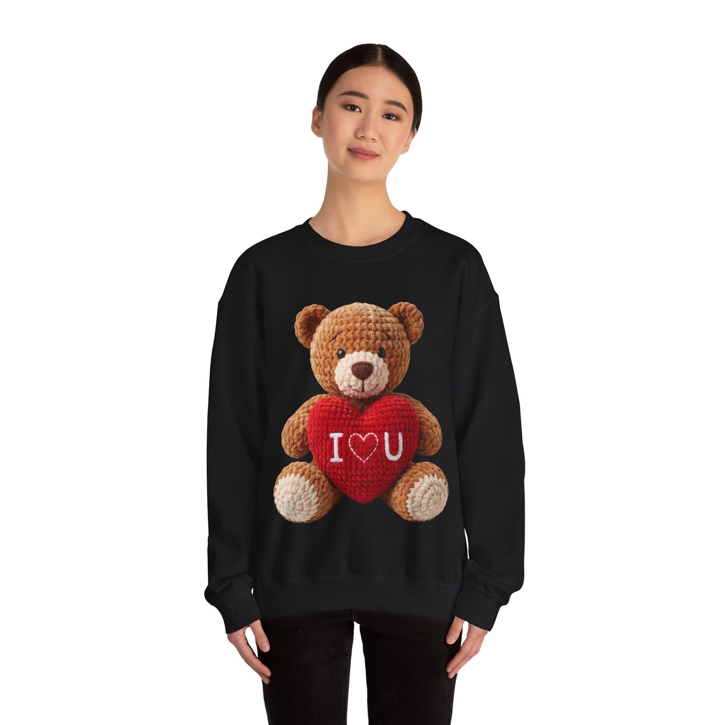 Valentine Faux Crochet I ❤️ U Teddy Bear Graphic Crewneck Sweatshirt (Gildan) - Size: S-3XL - Valentine's Day Shirt
