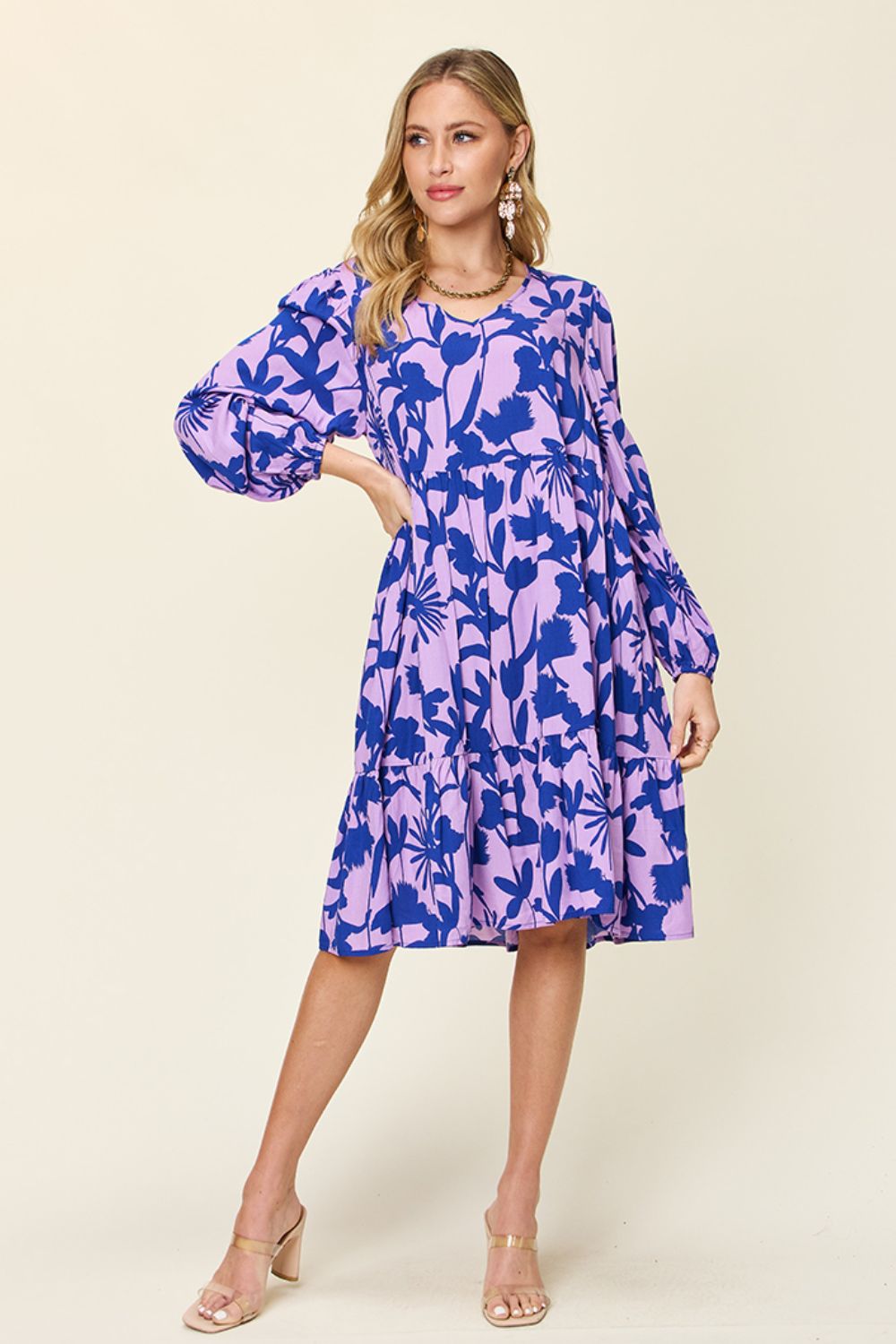 Double Take - Printed Ruffle Hem Dress with Pocket - Size: S-3XL