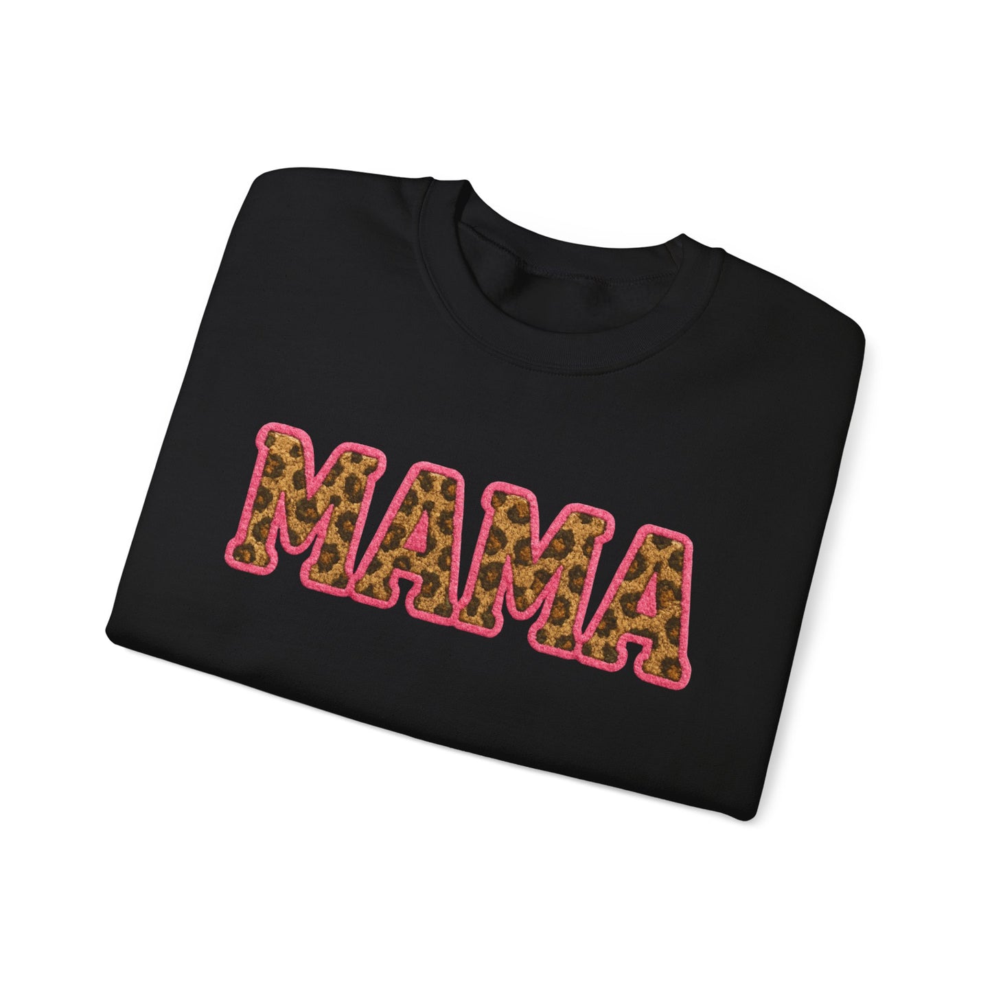 Mama & Mini "Mama" Faux Embroidery Pink Leopard Print DTG Graphic Crewneck Sweatshirt - Size: S-5XL