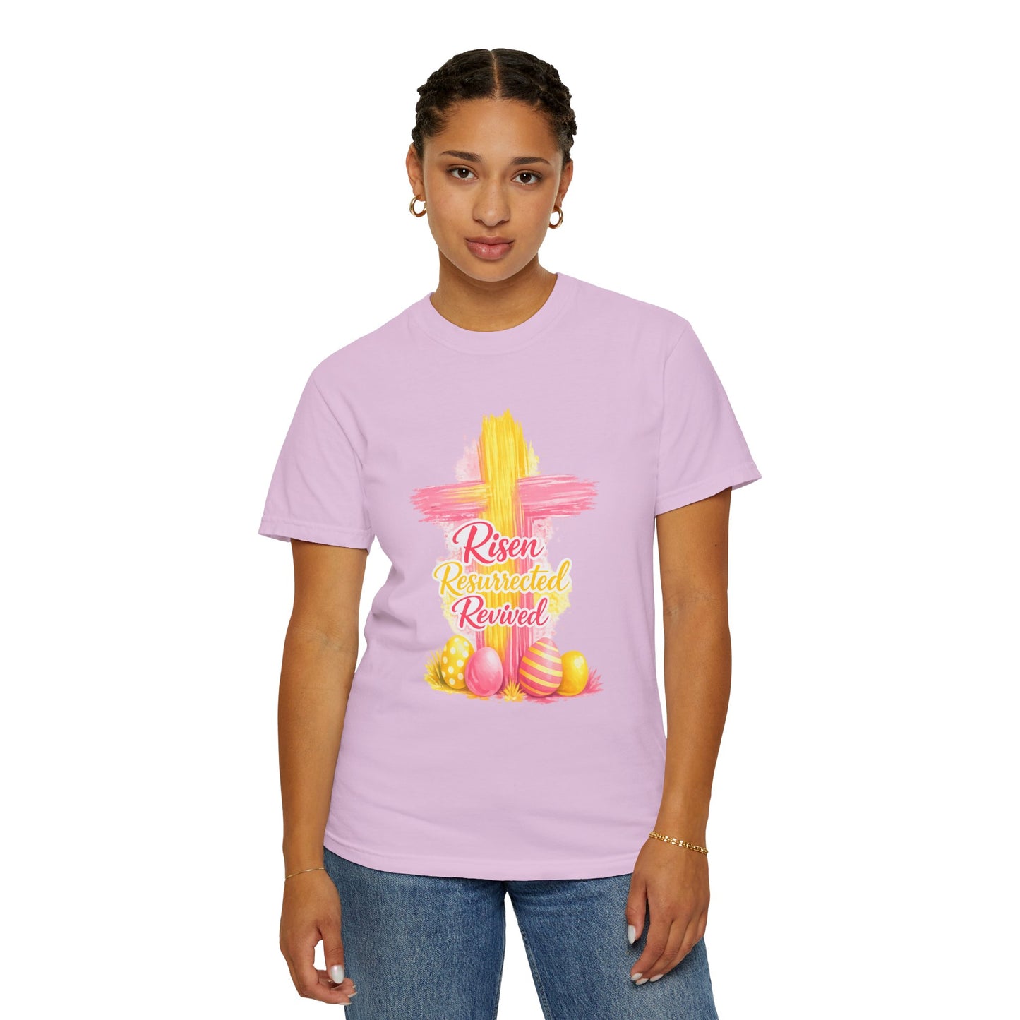 Easter Cross “Risen Resurrected Revived” Graphic Tee (Comfort Colors) - Size: S-4XL
