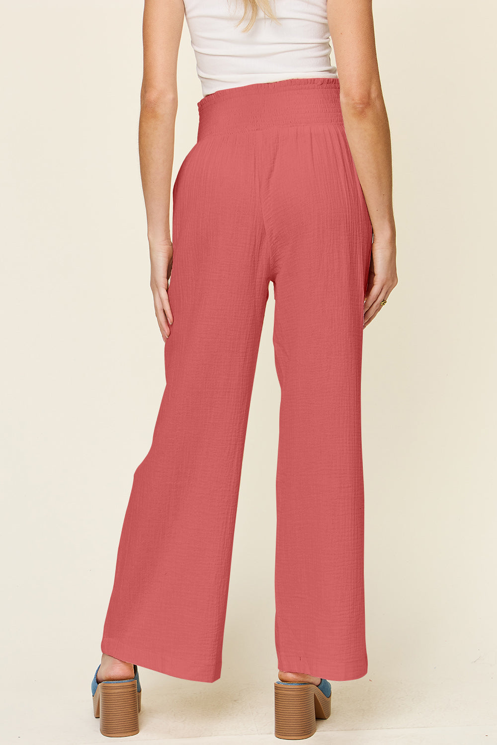 Double Take - Texture Smocked Waist Wide Leg Pants - Size: S-3XL