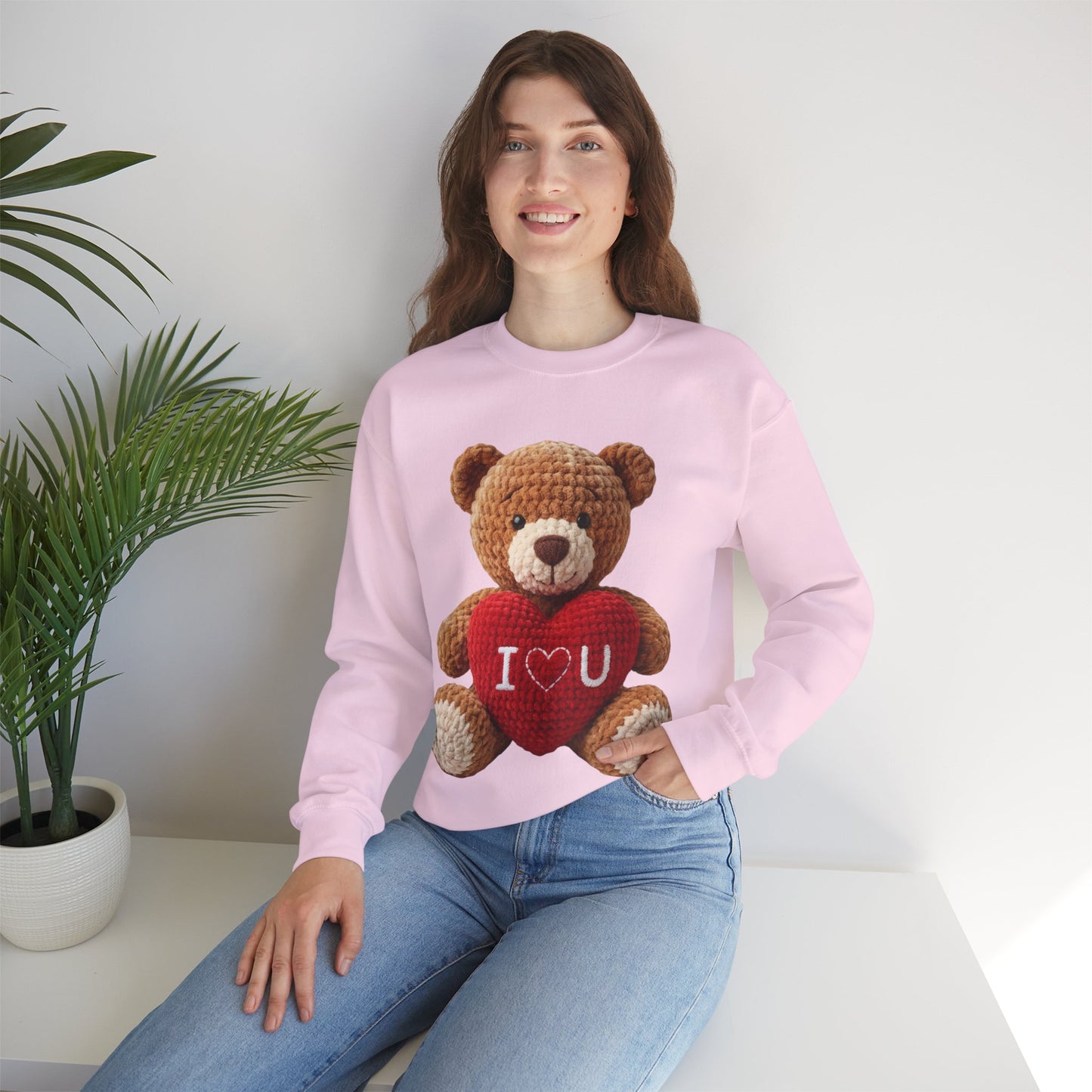 Valentine Faux Crochet I ❤️ U Teddy Bear Graphic Crewneck Sweatshirt (Gildan) - Size: S-3XL - Valentine's Day Shirt