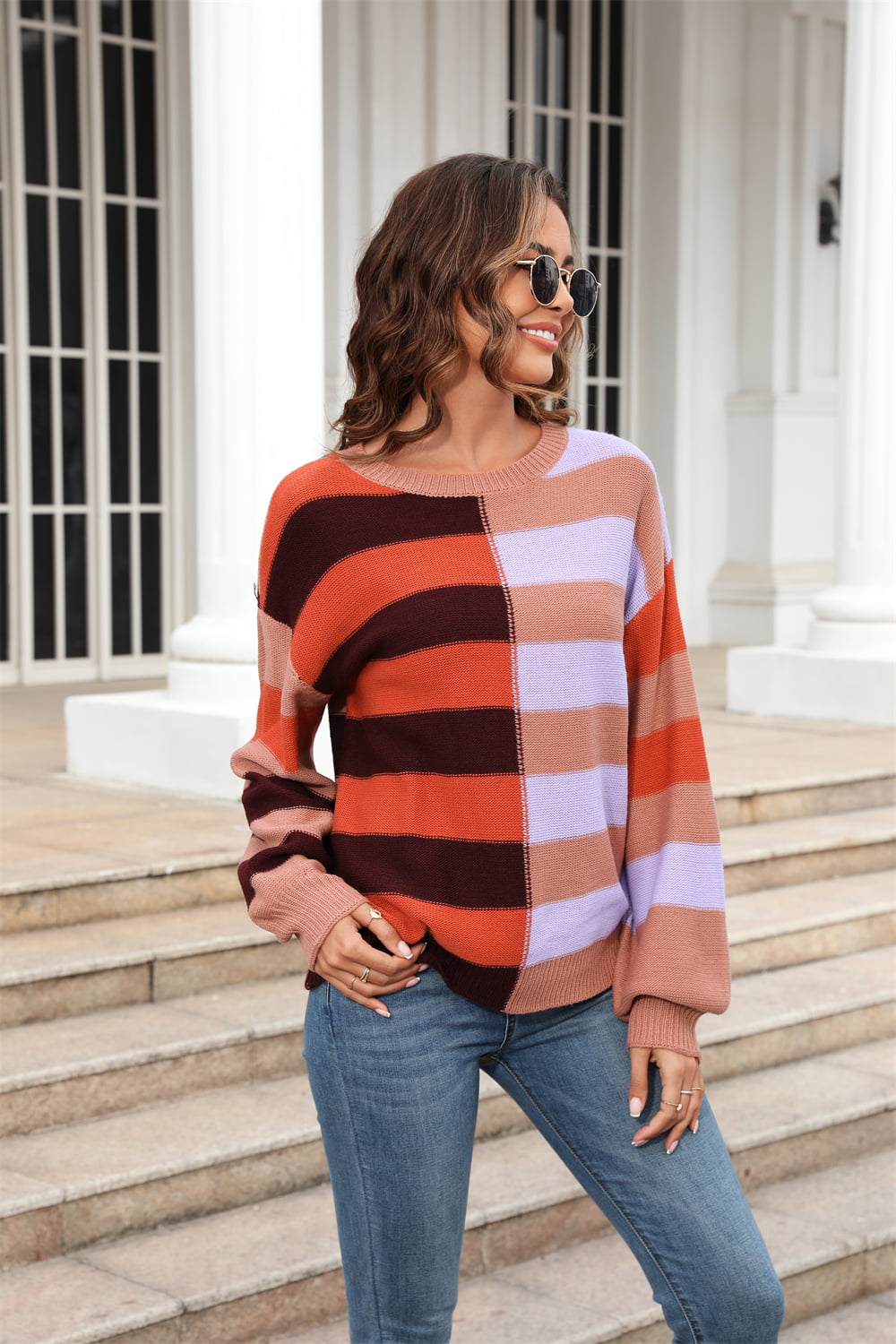 Angel Wings - Round Neck Long Sleeve Color Block Dropped Shoulder Pullover Sweater - Size: S-XL