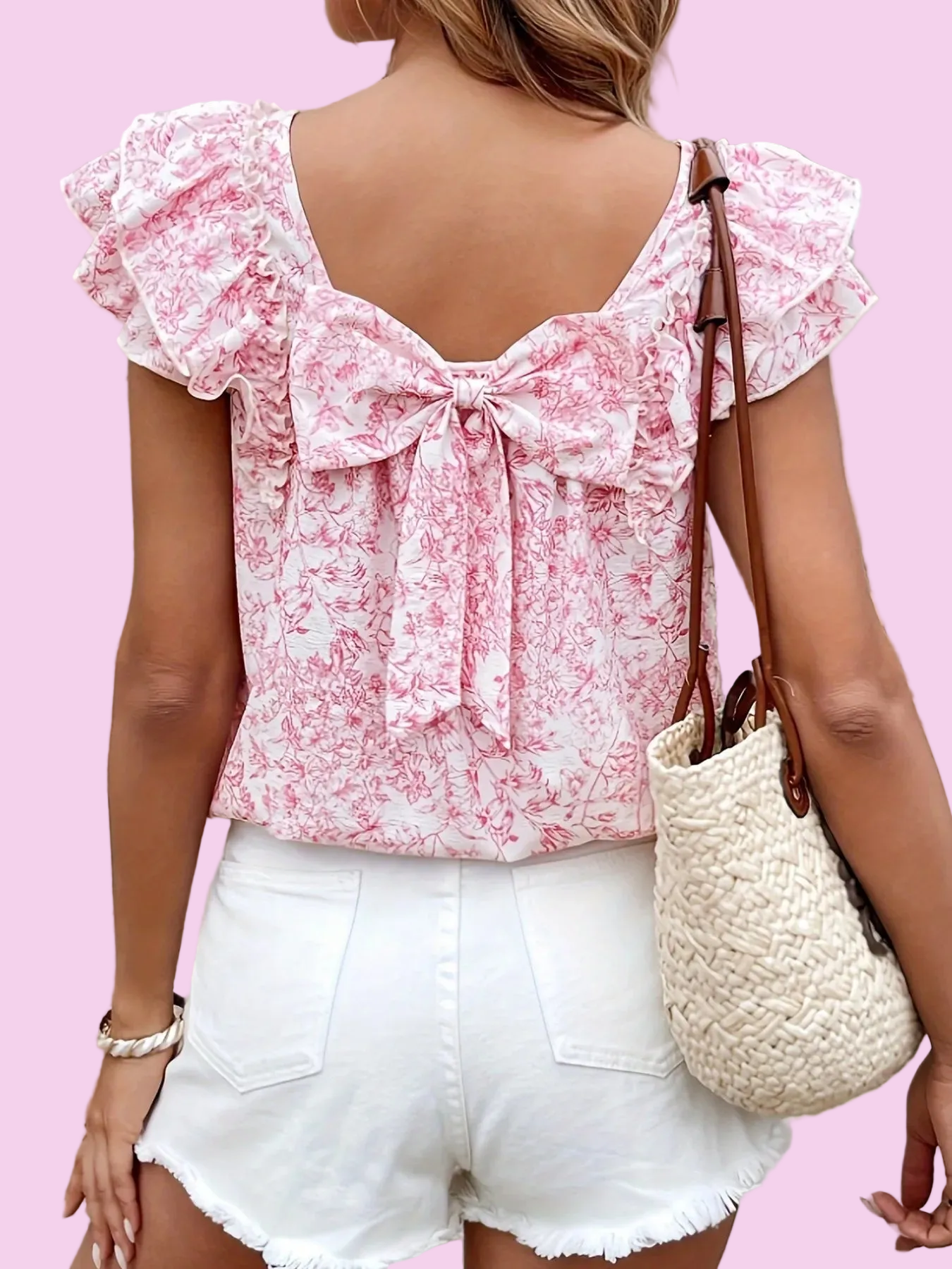 Pink Bow Back Floral Print Ruffle Sleeve Blouse - Size: S-2XL