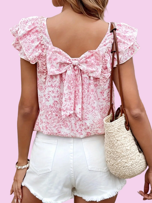 Pink Bow Back Floral Print Ruffle Sleeve Blouse - Size: S-2XL