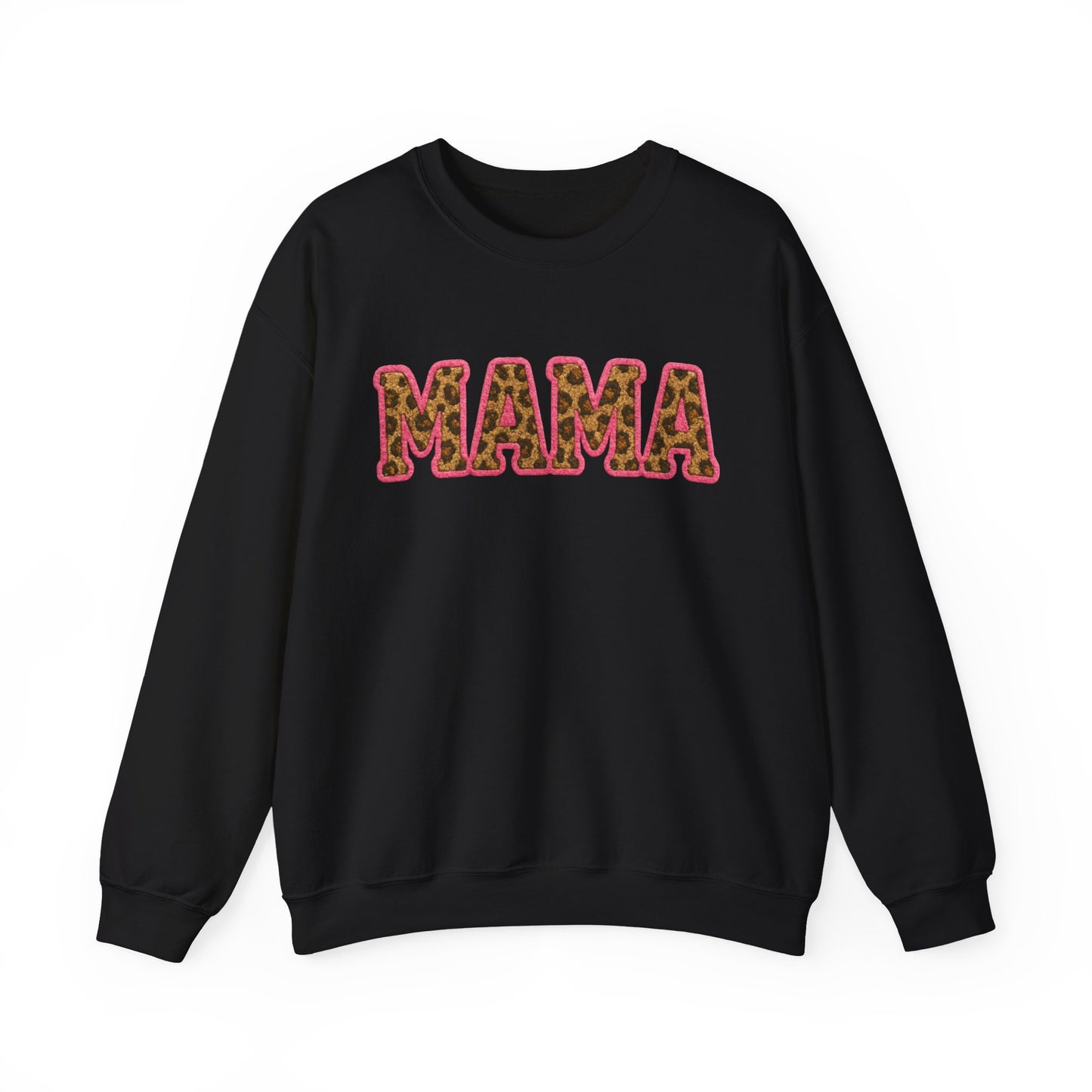Mama & Mini "Mama" Faux Embroidery Pink Leopard Print DTG Graphic Crewneck Sweatshirt - Size: S-5XL