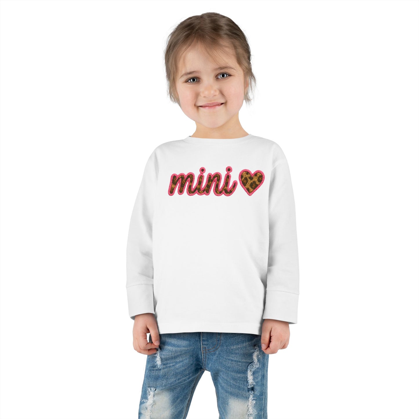 Mama & Mini "Mini" Faux Embroidery Pink Leopard Print Heart DTG Toddler Long Sleeve Tee - Size: 2T-6T