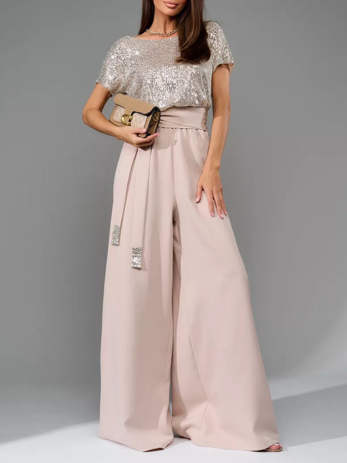 Sequin Round Neck Short Sleeve Wide Leg Jumpsuit - Size: S-3XL