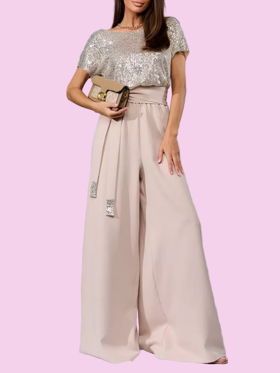 Sequin Round Neck Short Sleeve Wide Leg Jumpsuit - Size: S-3XL - NYE Outfit Ideas