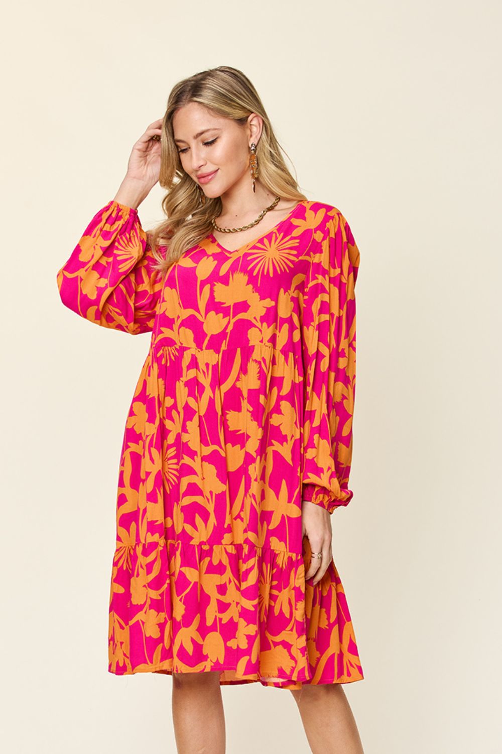 Double Take - Printed Ruffle Hem Dress with Pocket - Size: S-3XL