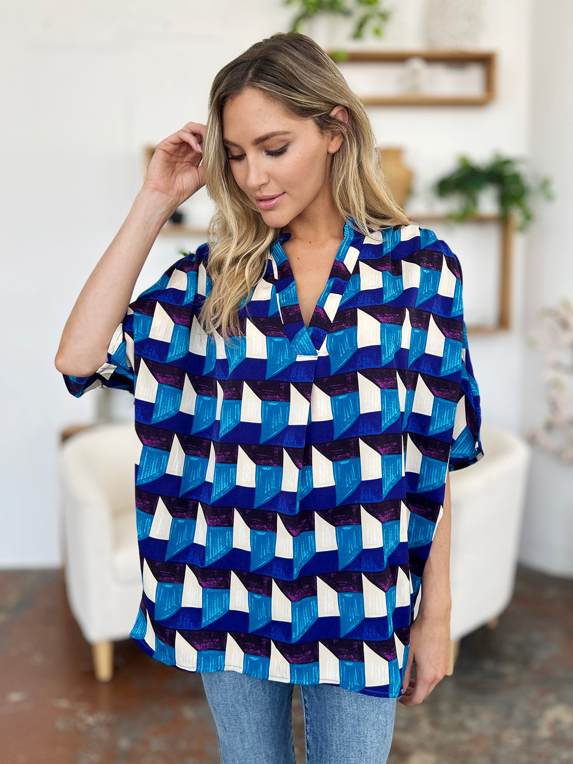 Double Take - Geometric Notched Half Sleeve Blouse - S-3XL