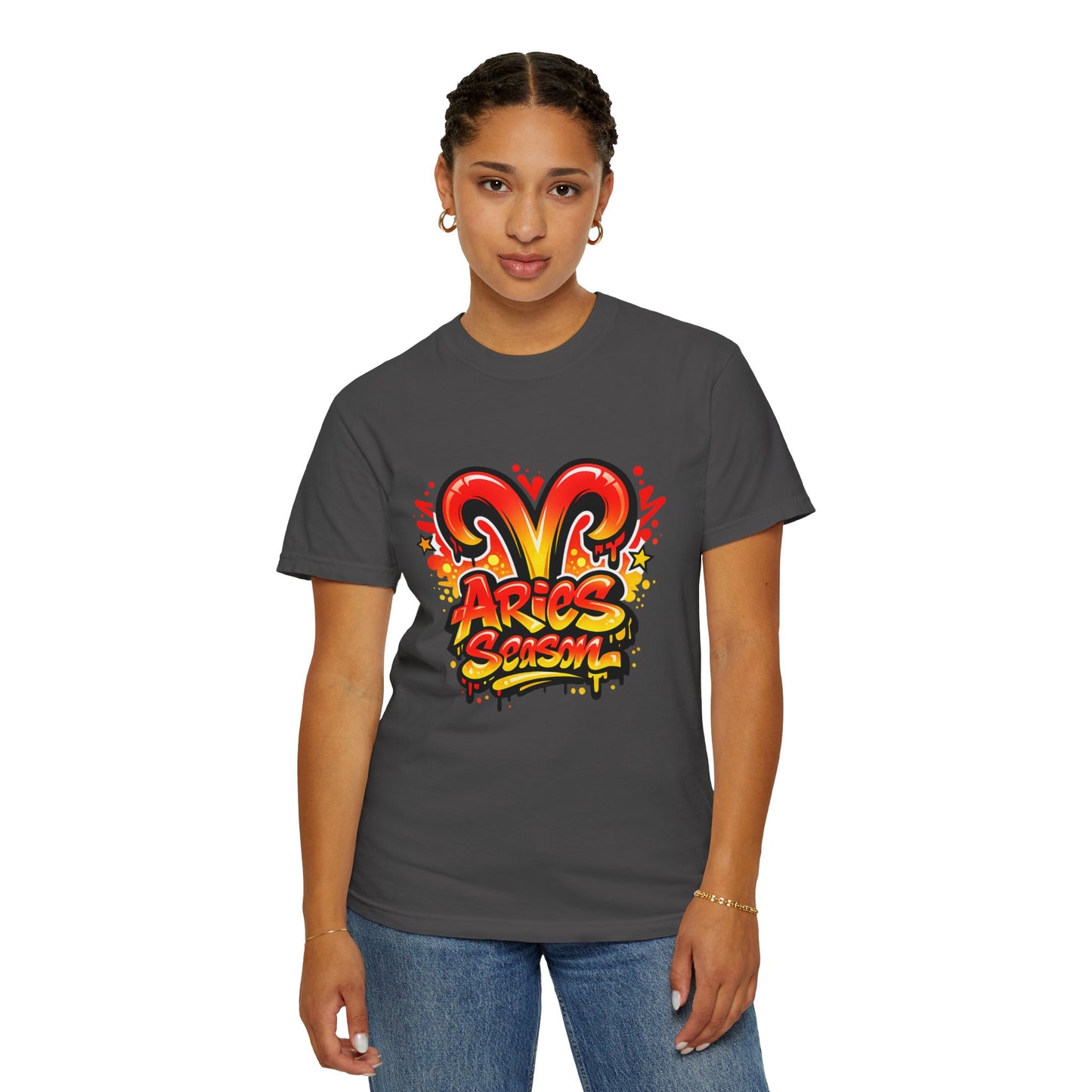 Aries Season Graphic Tee (Comfort Colors)- Bold Zodiac Astrology T-Shirt, Red & Yellow Aries Ram Design, Trendy Horoscope Shirt, Fire Sign Fashion - Size: S-4XL