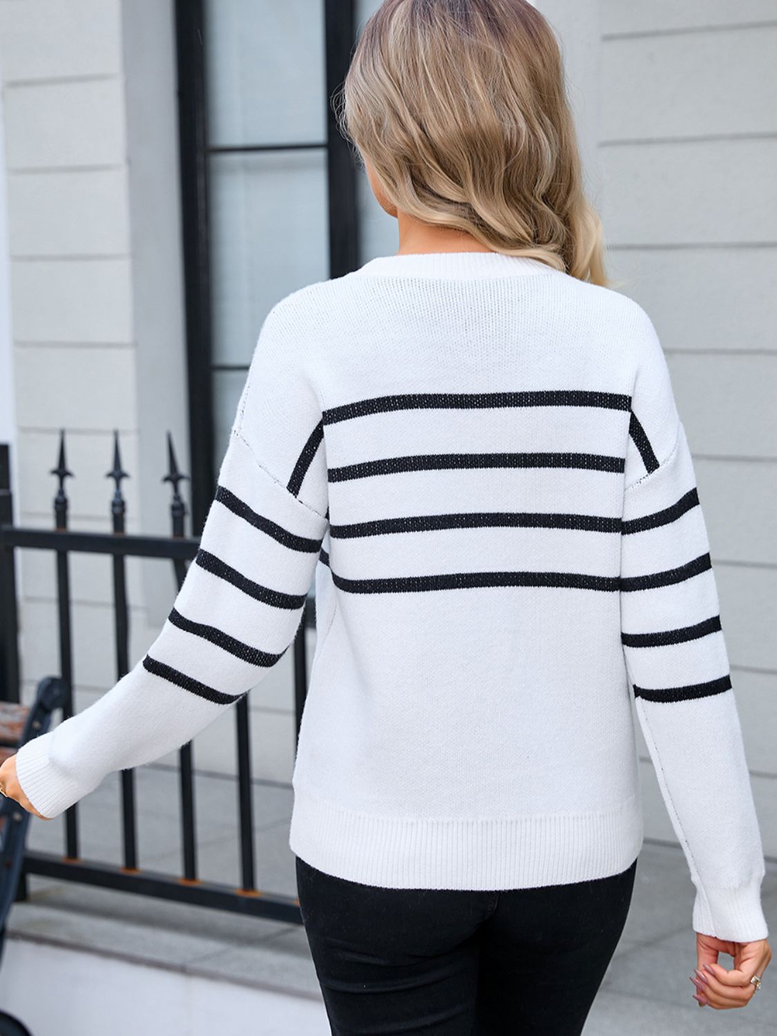 Angel Wings - Striped Round Neck Long Sleeve Sweater - Size: S-XL