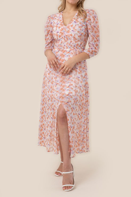 V Neck Floral Lined Chiffon Maxi Dress