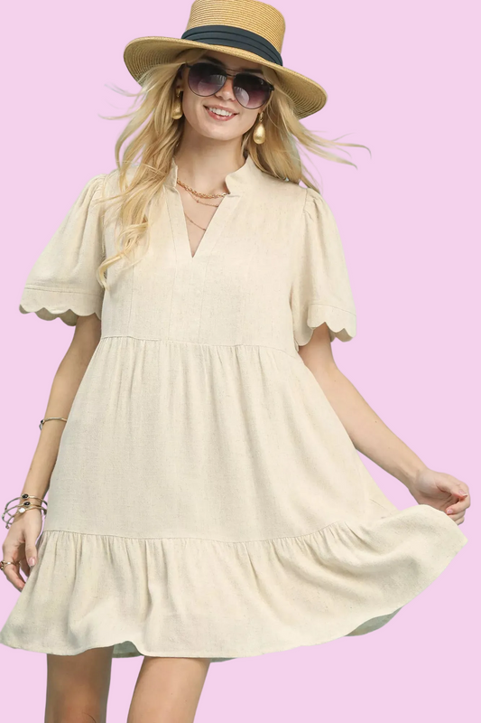 Umgee - Linen Cotton Blend Tiered Babydoll Dress with Scalloped Sleeves - Size: S-L