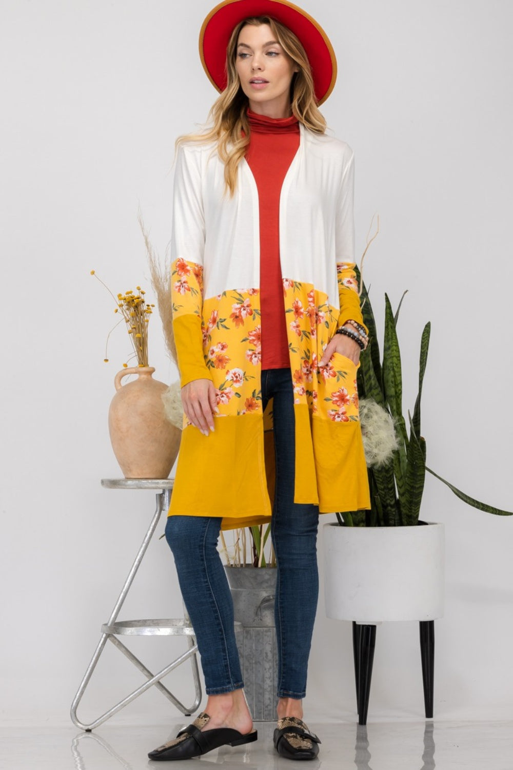 Celeste - Floral Color Block Open Front Cardigan - Size: S-3XL