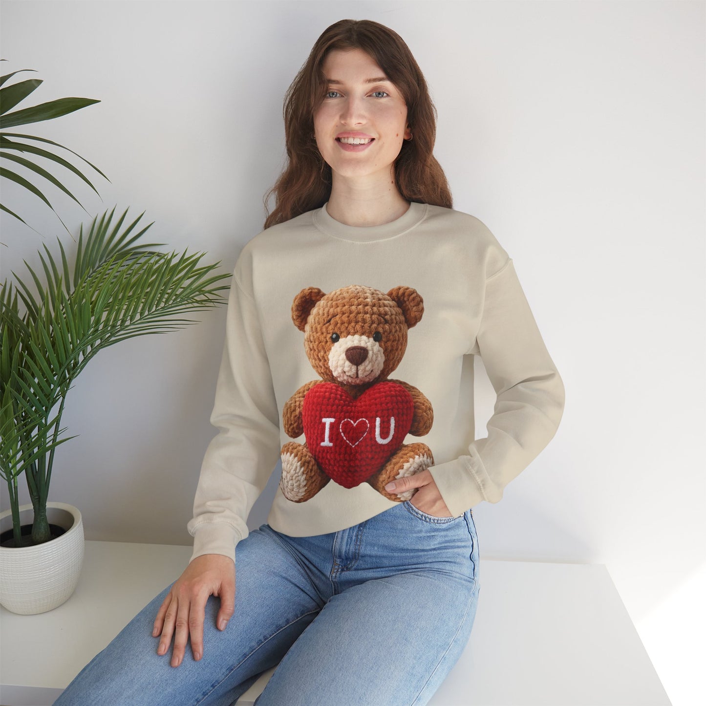 Valentine Faux Crochet I ❤️ U Teddy Bear Graphic Crewneck Sweatshirt (Gildan) - Size: S-3XL - Valentine's Day Shirt
