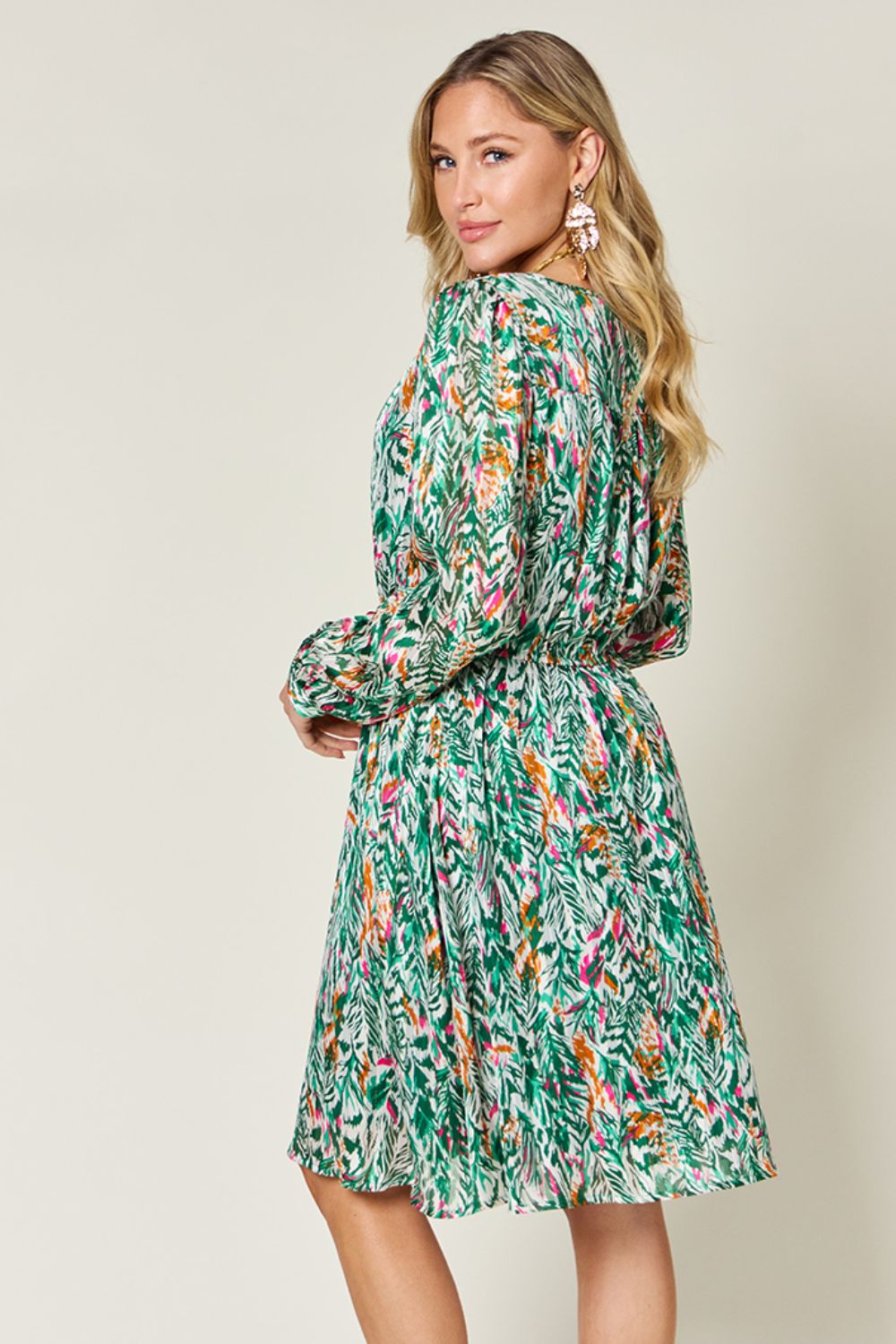 Double Take - Printed Drawstring Waist Long Sleeve Dress - S-3XL