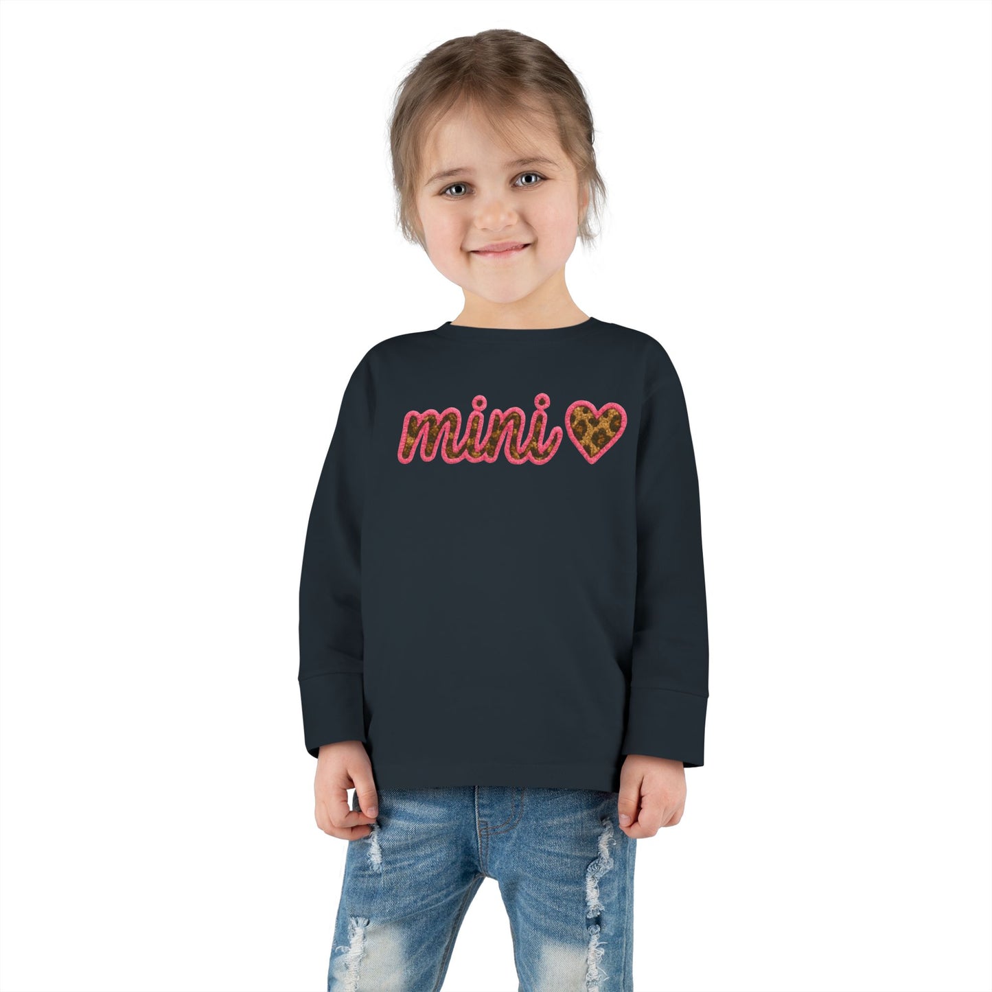 Mama & Mini "Mini" Faux Embroidery Pink Leopard Print Heart DTG Toddler Long Sleeve Tee - Size: 2T-6T
