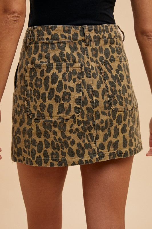 Annie Wear - Leopard Denim Mini Skirt - Size: S-XL