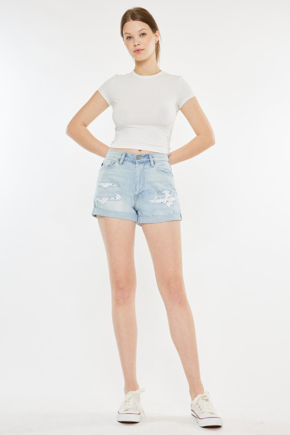 Kancan - High Rise Repaired Mom Denim Shorts