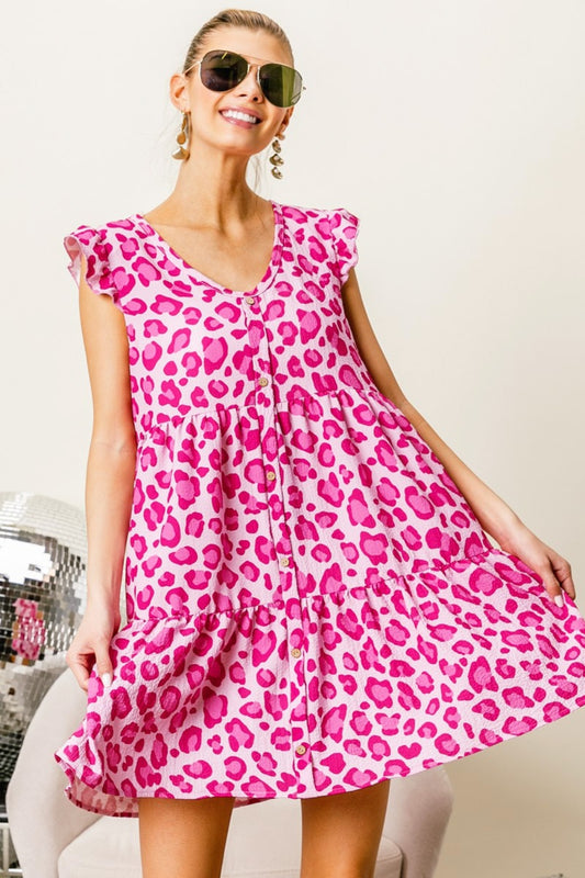 BiBi - Leopard Cap Sleeve Tiered Mini Dress