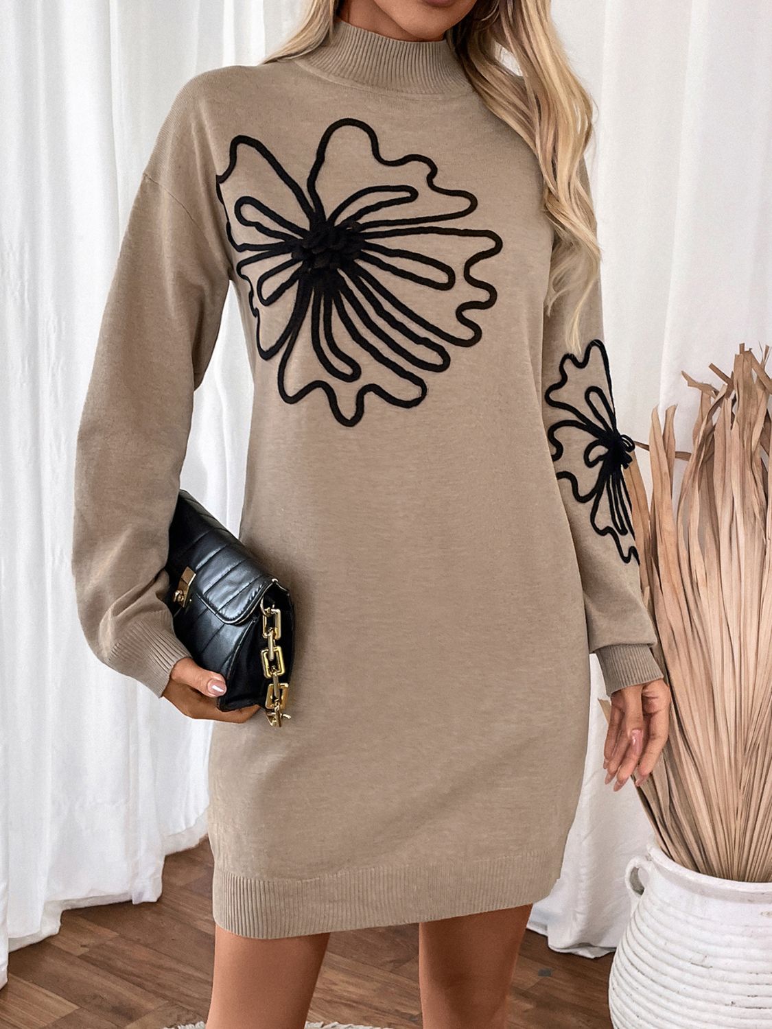 Perfee - Flower Mock Neck Long Sleeve Sweater Dress