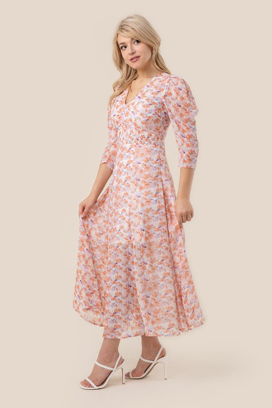 V Neck Floral Lined Chiffon Maxi Dress