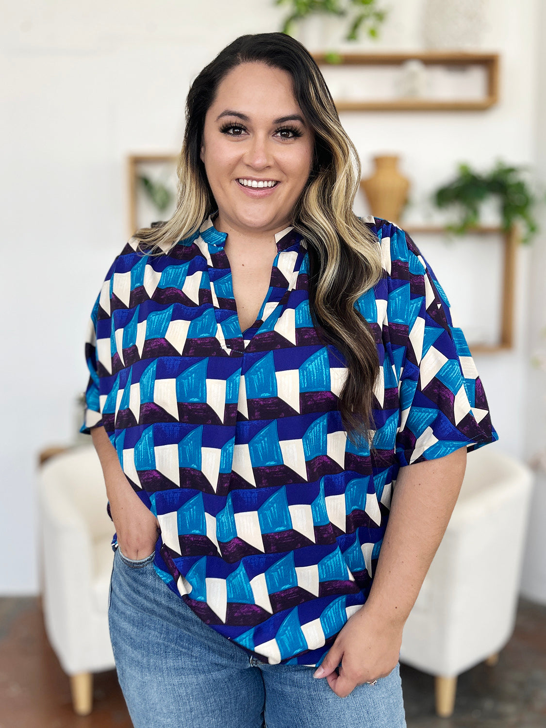 Double Take - Geometric Notched Half Sleeve Blouse - S-3XL