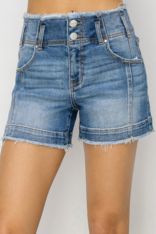 RISEN - High Rise Seam Detailed Raw Edge Denim Shorts