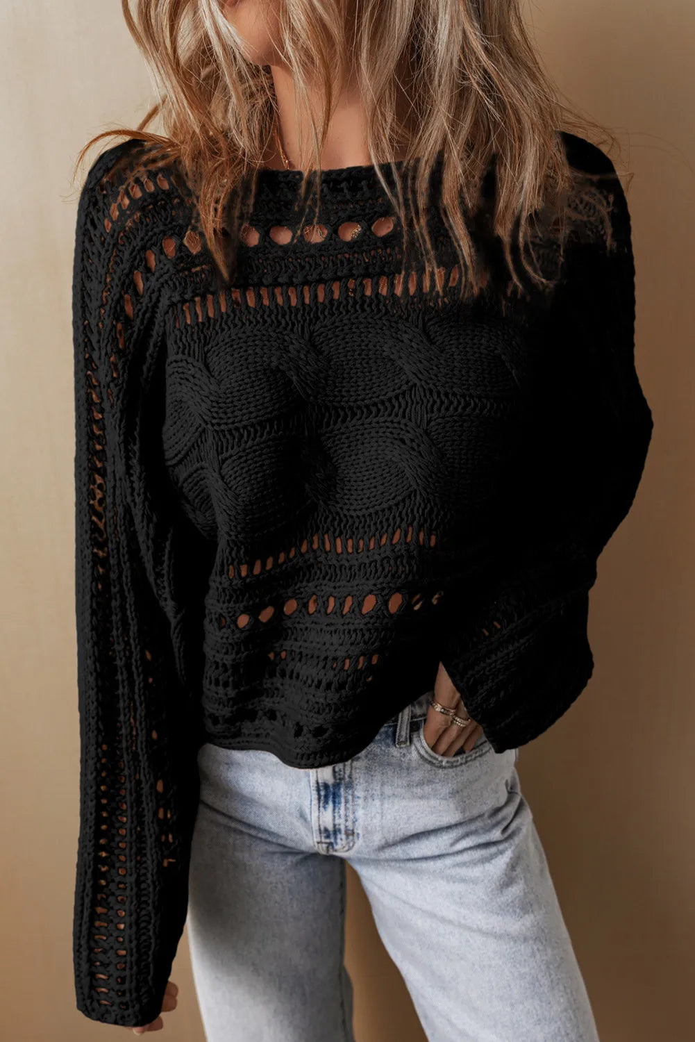 Cable-Knit Openwork Long Sleeve Sweater - Size: S-XL