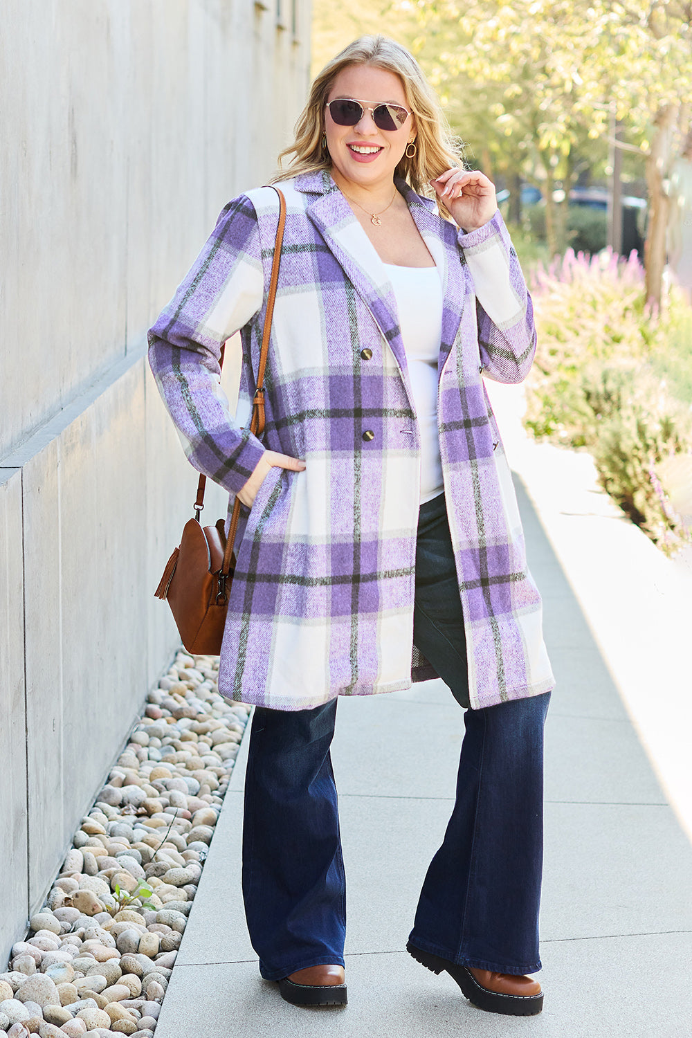 Double Take - Plaid Button Up Lapel Collar Coat - Size: S-3XL