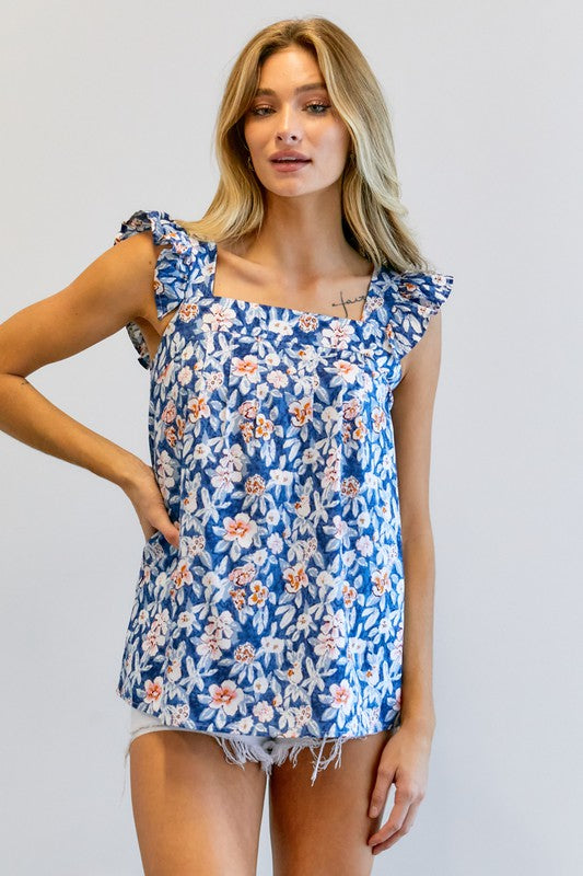 Davi & Dani - Floral Printed Ruffle Sleeveless Top