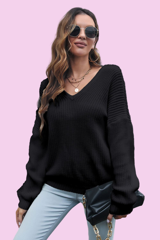 V-Neck Drop Shoulder Sweater - Size: S-L