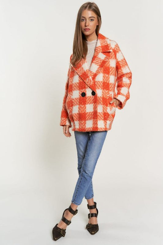 Davi & Dani - Fuzzy Boucle Textured Double Breasted Coat Jacket