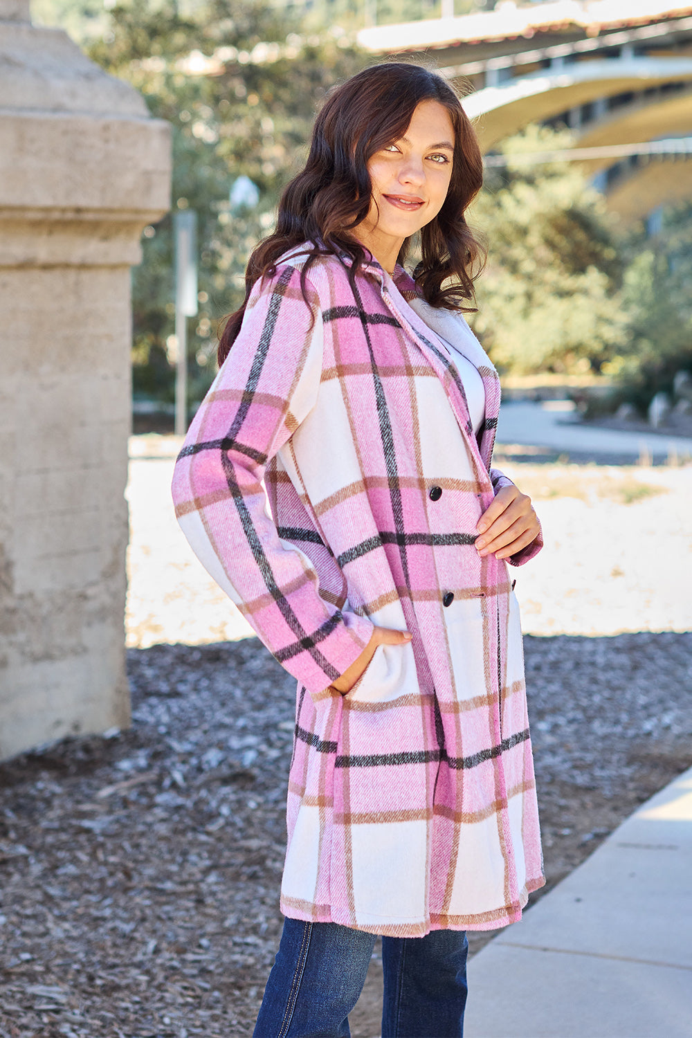 Double Take - Plaid Button Up Lapel Collar Coat - Size: S-3XL