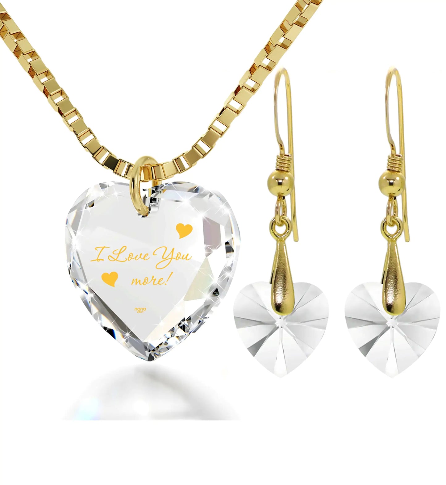 Nano Style - Tiny Heart Jewelry Set 24k Gold Inscribed "I Love You More" Necklace and Drop Earrings - (The Luxe Line)